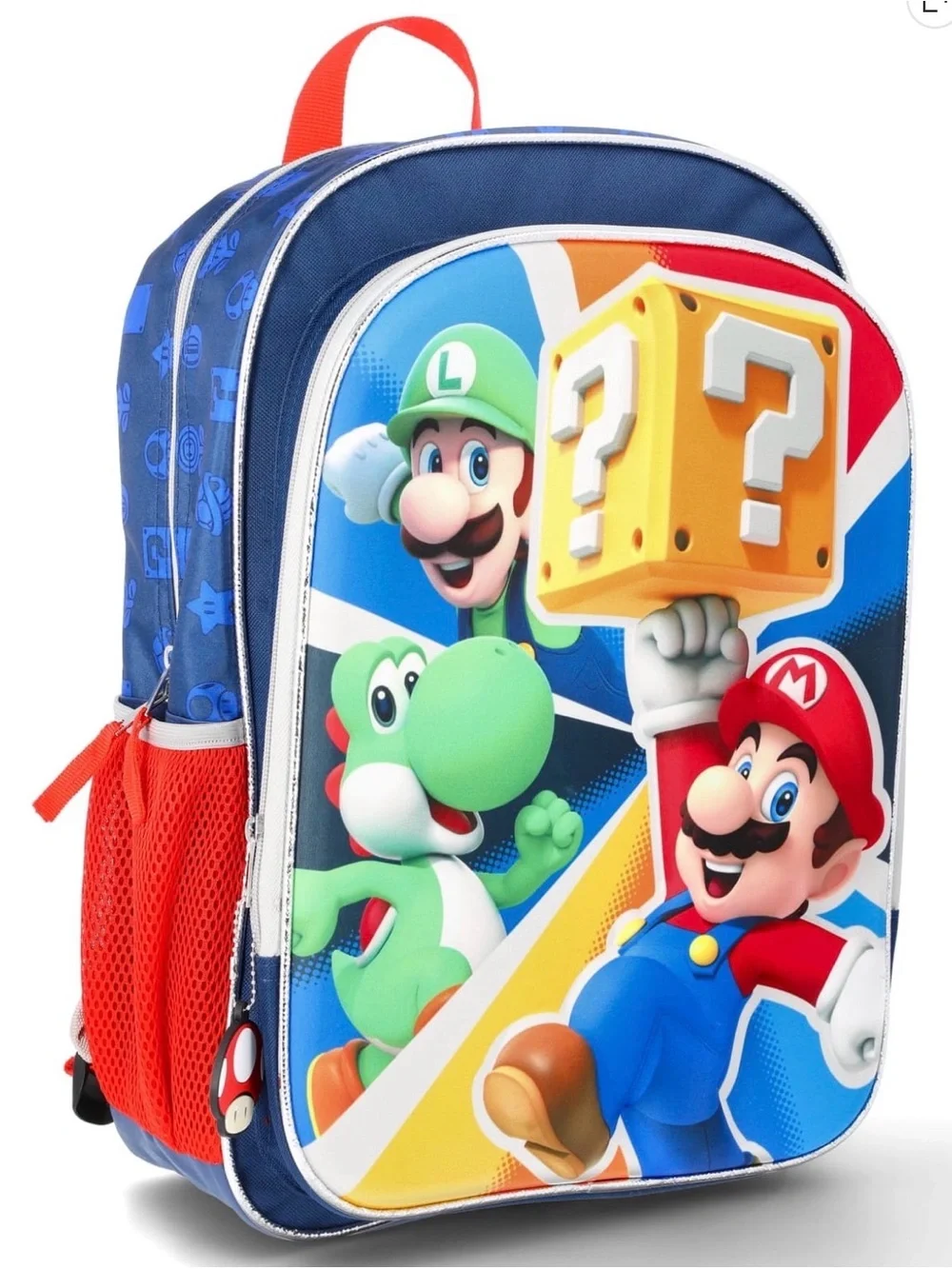 Super Mario Kids Backpack - Blue, Red & Green Character Print